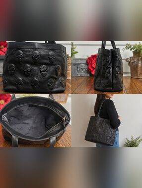 OPelle Italia Black‎ Skull Embossed Leather Handbag NWT